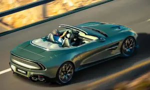 Zielony Aston Martin Vanquish bez dachu pędzi po pustej drodze, kierowca cieszy się wolnością.