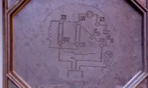 Schemat elektryczny na metalowej obudowie. Pomocne przy wyborze jaki kondensator do silnika 2.2 kw.