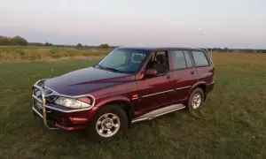 Ciemnoczerwony Daewoo Musso z orurowaniem z przodu stoi na trawiastym polu. W tle jezioro i księżyc.