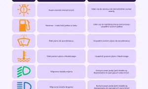 Tabela z kontrolkami w Skodzie Octavii: awaria świateł, rezerwa paliwa, brak płynu do spryskiwaczy, niski poziom płynu chłodniczego, światła mijania i drogowe.