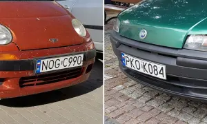 Dwa samochody, jeden czerwony z tablicą NOG C990, drugi zielony z tablicą PKO K084. Rejestracja WF na obu autach.