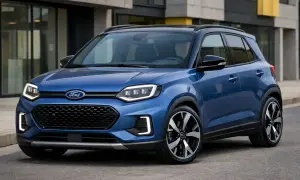 Niebieski Ford z nowoczesnym designem, jeden z nowych ford modele, prezentuje się dynamicznie na tle miejskiej architektury.