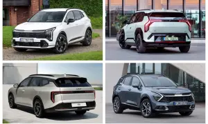 Cztery różne modele Kia: biały SUV z przodu, jasnoszary SUV z tyłu, srebrne kombi z tyłu i szary SUV z przodu.