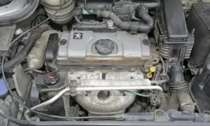 Silnik Peugeot 206 1.4 benzyna, widok z góry. Widać pokrywę zaworów z logo marki, elementy układu dolotowego i wydechowego.
