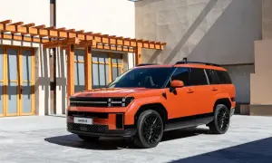 Pomarańczowy Hyundai Santa Fe, jeden z najlepszych SUV-ów, parkuje przed nowoczesnym budynkiem z drewnianą pergolą.