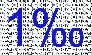 Niebieskie cyfry 1 i dwa zera na tle wzorów matematycznych.
