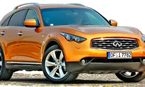 Pomarańczowy **Infiniti samochód** z chromowanymi detalami i felgami stoi na tle białej przestrzeni.