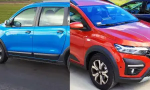 Dwa samochody Dacia, niebieski i czerwony, gotowe na rodzinne wycieczki. Dacia 7 osobowa to idealny wybór dla dużej rodziny.