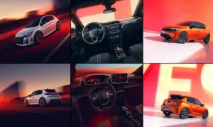 Dynamiczne ujęcia białego i pomarańczowego Peugeot e-208, w tym wnętrza z nowoczesnym kokpitem.