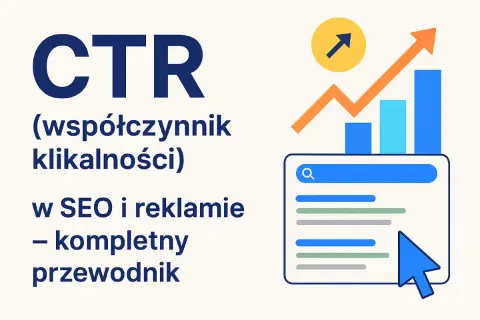 CTR (współczynnik klikalności) w SEO i reklamie – kompletny przewodnik. Wykresy i ikona myszy wskazują na wzrost efektywności.