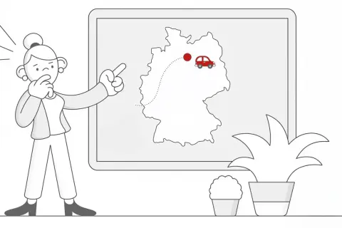 Kobieta zastanawia się nad trasą podróży, planując rejestrację samochodu z Niemiec.