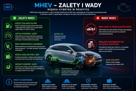 Zalety i wady MHEV: niższe spalanie, lepsza dynamika, brak ładowania, niższa cena. Miękka hybryda 48V to kompromis dla oszczędnych.