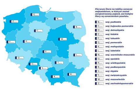 Mapa Polski z literami oznaczającymi województwa. Pierwsza litera na tablicy rejestracyjnej wskazuje, co to za rejestracja i gdzie zarejestrowano pojazd.
