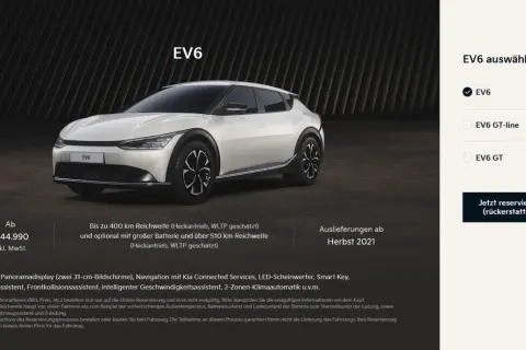 Biały Kia EV6 GT na ciemnym tle. Obok opcje wyboru modelu: EV6, EV6 GT-line i EV6 GT.