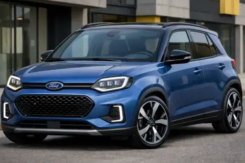 Niebieski Ford z nowoczesnym designem, jeden z nowych ford modele, prezentuje się dynamicznie na tle miejskiej architektury.