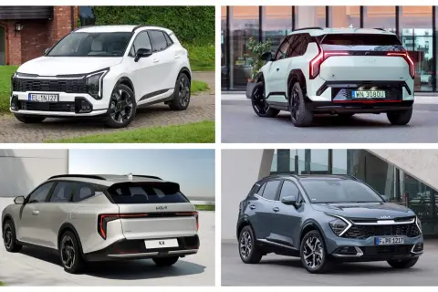 Cztery różne modele Kia: biały SUV z przodu, jasnoszary SUV z tyłu, srebrne kombi z tyłu i szary SUV z przodu.