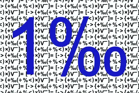 Niebieskie cyfry 1 i dwa zera na tle wzorów matematycznych.