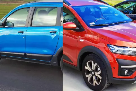Dwa samochody Dacia, niebieski i czerwony, gotowe na rodzinne wycieczki. Dacia 7 osobowa to idealny wybór dla dużej rodziny.