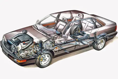 Audi V8 quattro z widocznym silnikiem V8, napędem i wnętrzem.
