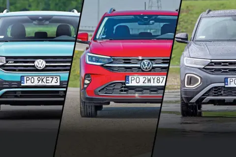 Trzy modele Volkswagen Cross: turkusowy, czerwony i szary, prezentują swoje przednie części.