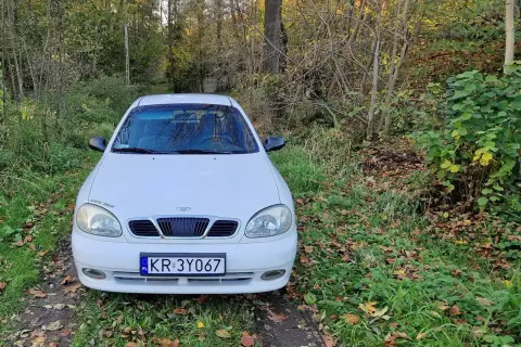 Białe Daewoo Lanos z napisem "WHITE PIGGY" na błotniku, zaparkowane na leśnej ścieżce wśród jesiennych liści.