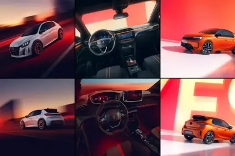 Dynamiczne ujęcia białego i pomarańczowego Peugeot e-208, w tym wnętrza z nowoczesnym kokpitem.