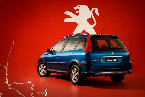 Niebieski Peugeot 206 SW z białym lwem na czerwonym tle.