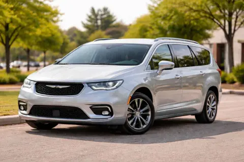 Srebrny Chrysler Pacifica na tle zieleni. Zastanawiasz się, jaki silnik wybrać do tego rodzinnego vana?