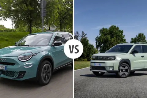 Dwa nowe fiat modele: zielony Fiat 500e i jasnoszary Fiat Panda 4x4.