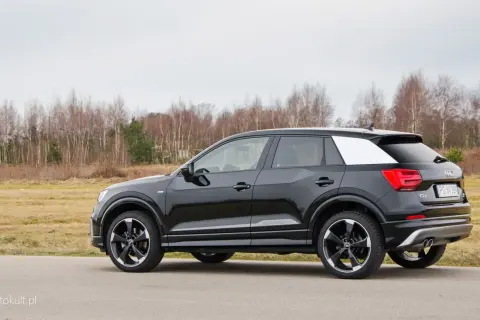 Czarne Audi Q2 z białym akcentem na słupku C, zaparkowane na tle jesiennego krajobrazu. Wiele osób szuka audi q2 opinie przed zakupem.