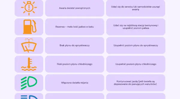 Tabela z kontrolkami w Skodzie Octavii: awaria świateł, rezerwa paliwa, brak płynu do spryskiwaczy, niski poziom płynu chłodniczego, światła mijania i drogowe.