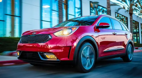 Czerwony Kia Niro w ruchu. Choć auto wygląda dynamicznie, warto pamiętać o jego potencjalnych wadach, np. ograniczonym zasięgu w wersji hybrydowej.
