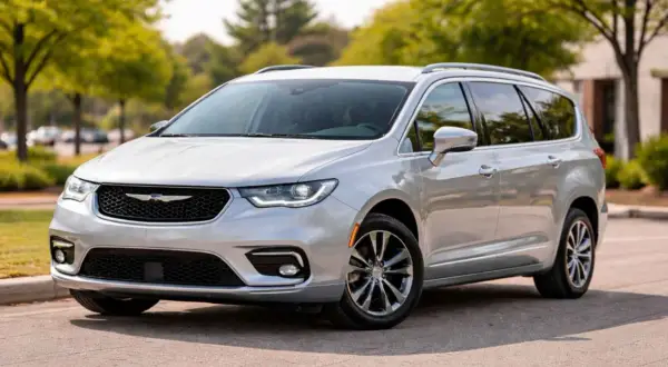 Srebrny Chrysler Pacifica na tle zieleni. Zastanawiasz się, jaki silnik wybrać do tego rodzinnego vana?