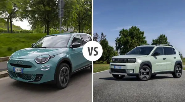 Dwa nowe fiat modele: zielony Fiat 500e i jasnoszary Fiat Panda 4x4.