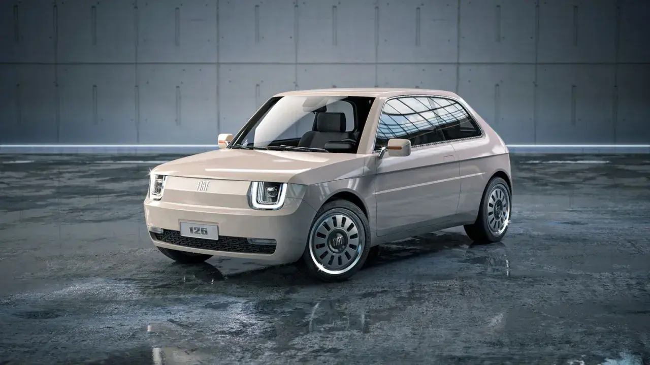 Nowoczesny polski fiat 126p w beżowym kolorze, z charakterystycznymi kwadratowymi światłami i stylowymi felgami, stoi na mokrej posadzce.