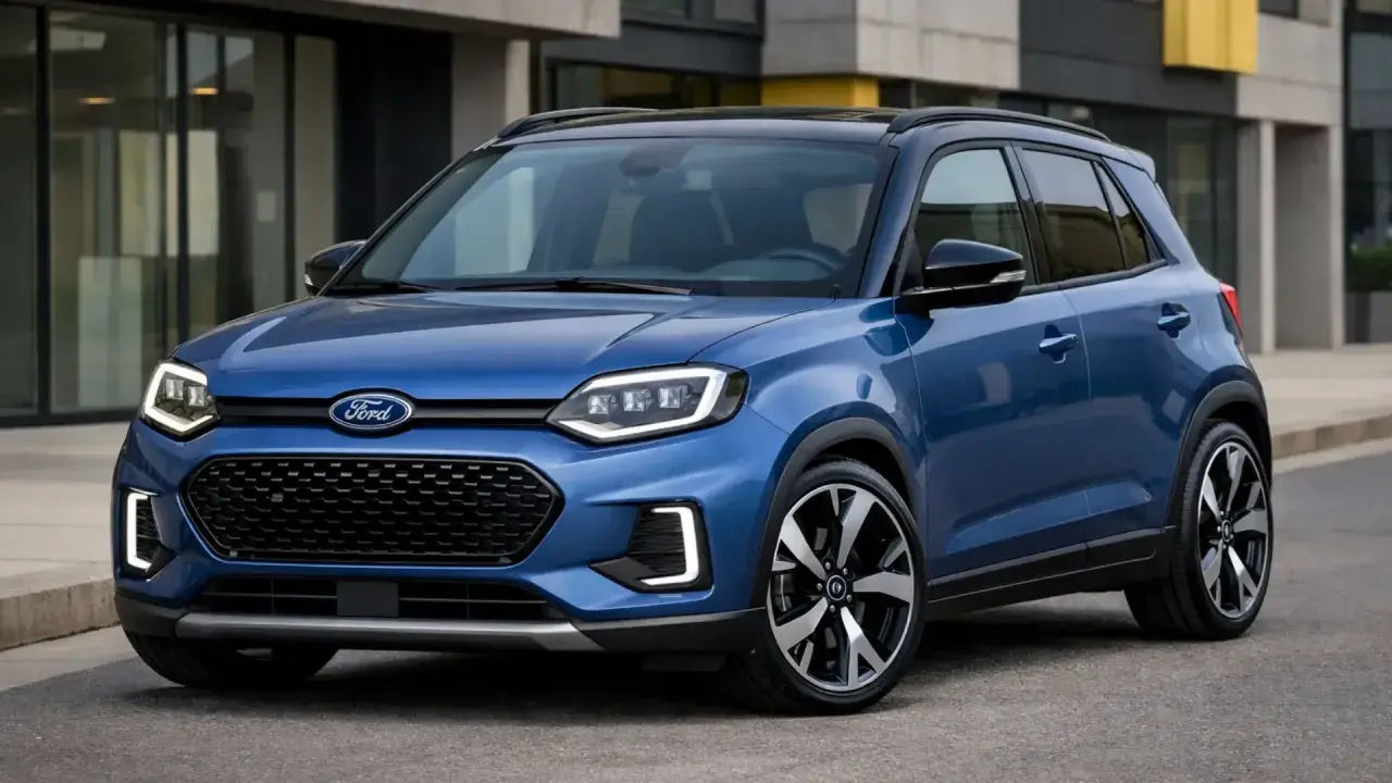 Niebieski Ford z nowoczesnym designem, jeden z nowych ford modele, prezentuje się dynamicznie na tle miejskiej architektury.