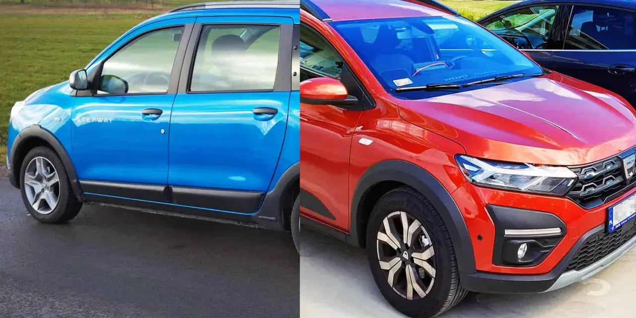 Dwa samochody Dacia, niebieski i czerwony, gotowe na rodzinne wycieczki. Dacia 7 osobowa to idealny wybór dla dużej rodziny.