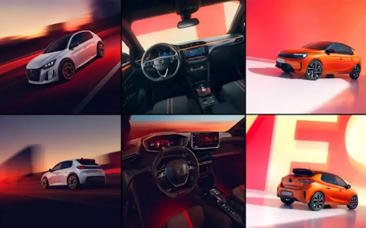 Dynamiczne ujęcia białego i pomarańczowego Peugeot e-208, w tym wnętrza z nowoczesnym kokpitem.