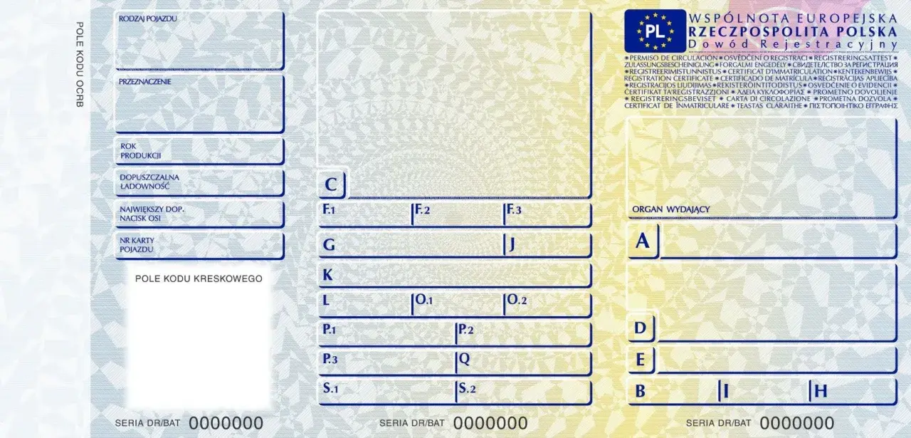 Fragment dowodu rejestracyjnego z polskimi oznaczeniami. Widoczne pola: Rodzaj pojazdu, Przeznaczenie, Rok produkcji, Nr karty pojazdu.
