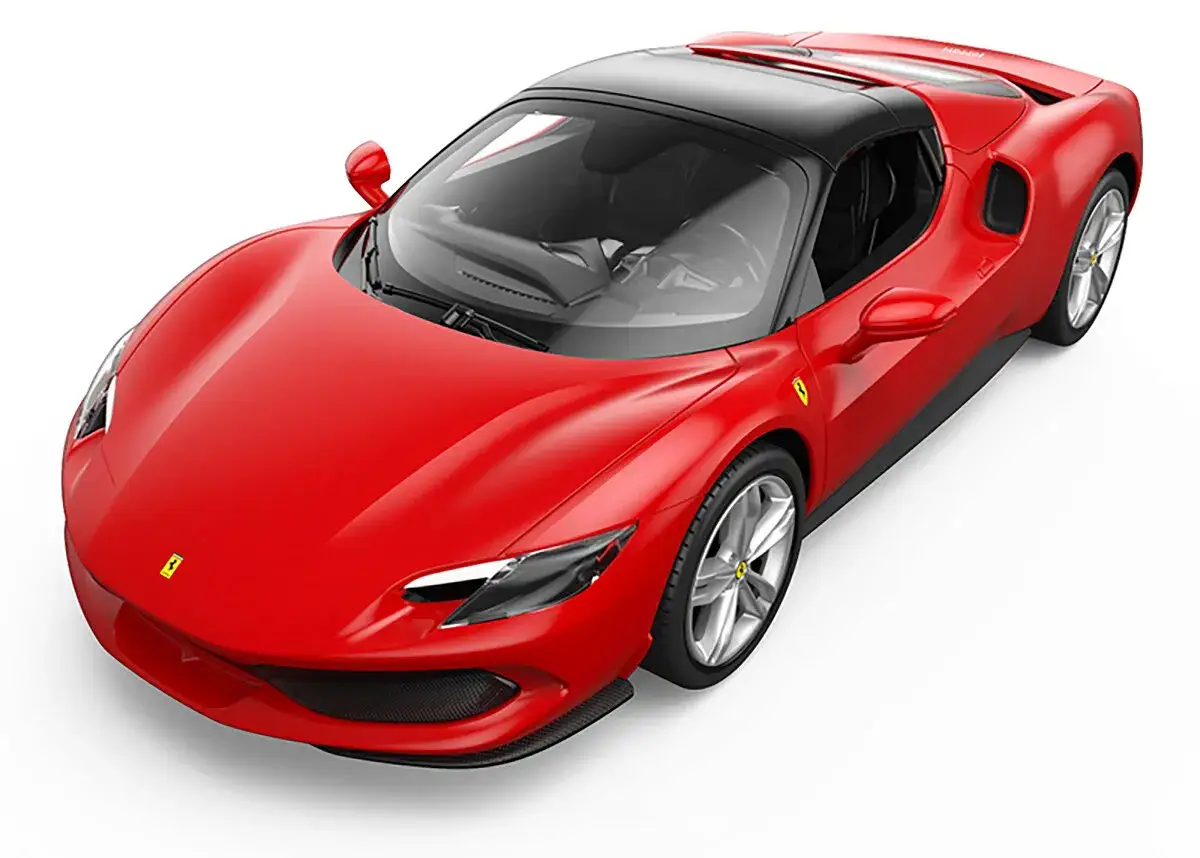 Czerwony kabriolet Ferrari 296 GTS z czarnym dachem, gotowy do jazdy po torze.