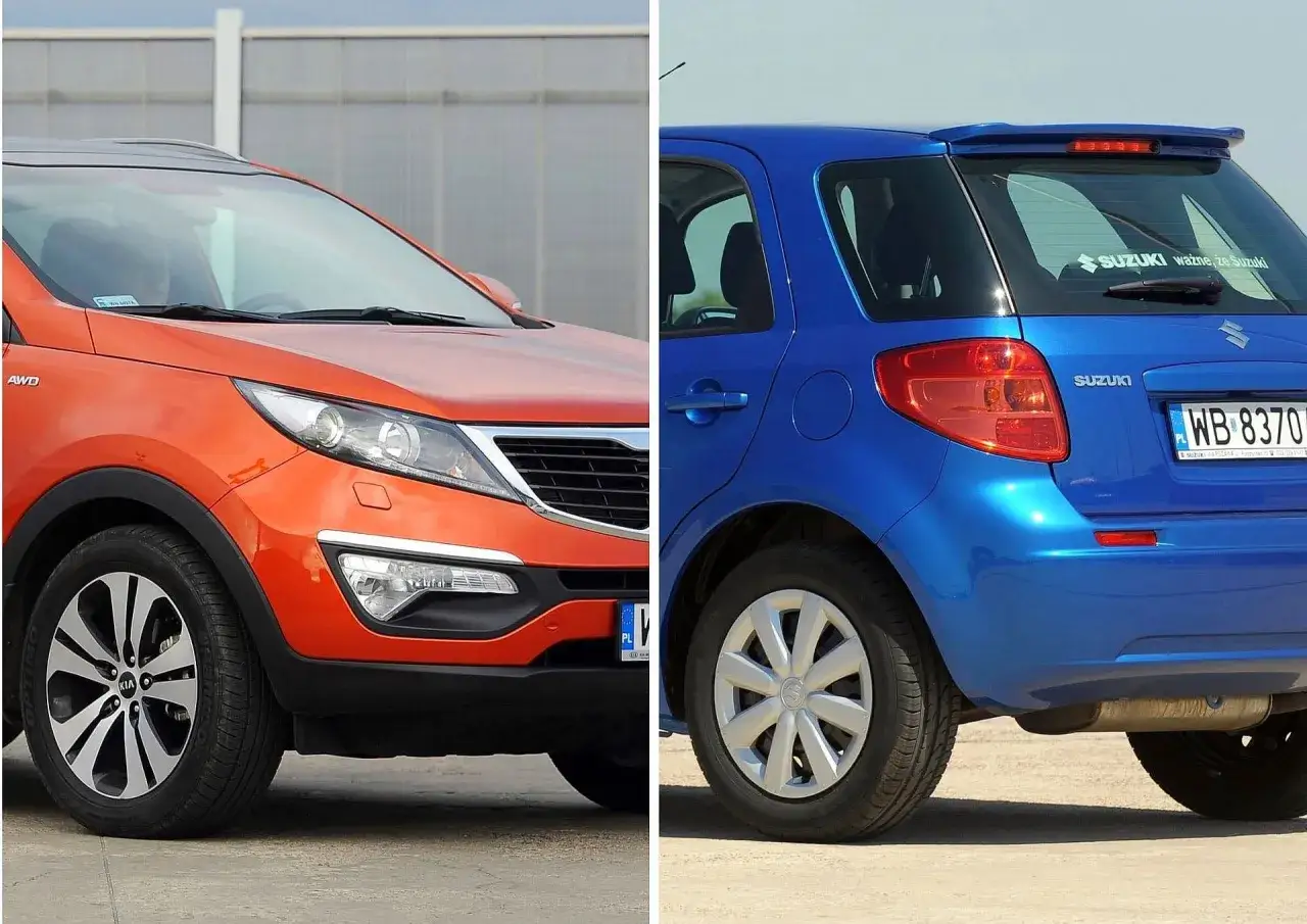 Pomarańczowy Kia Sportage i niebieski Suzuki – auta znane z tego, że należą do najmniej awaryjne auta.