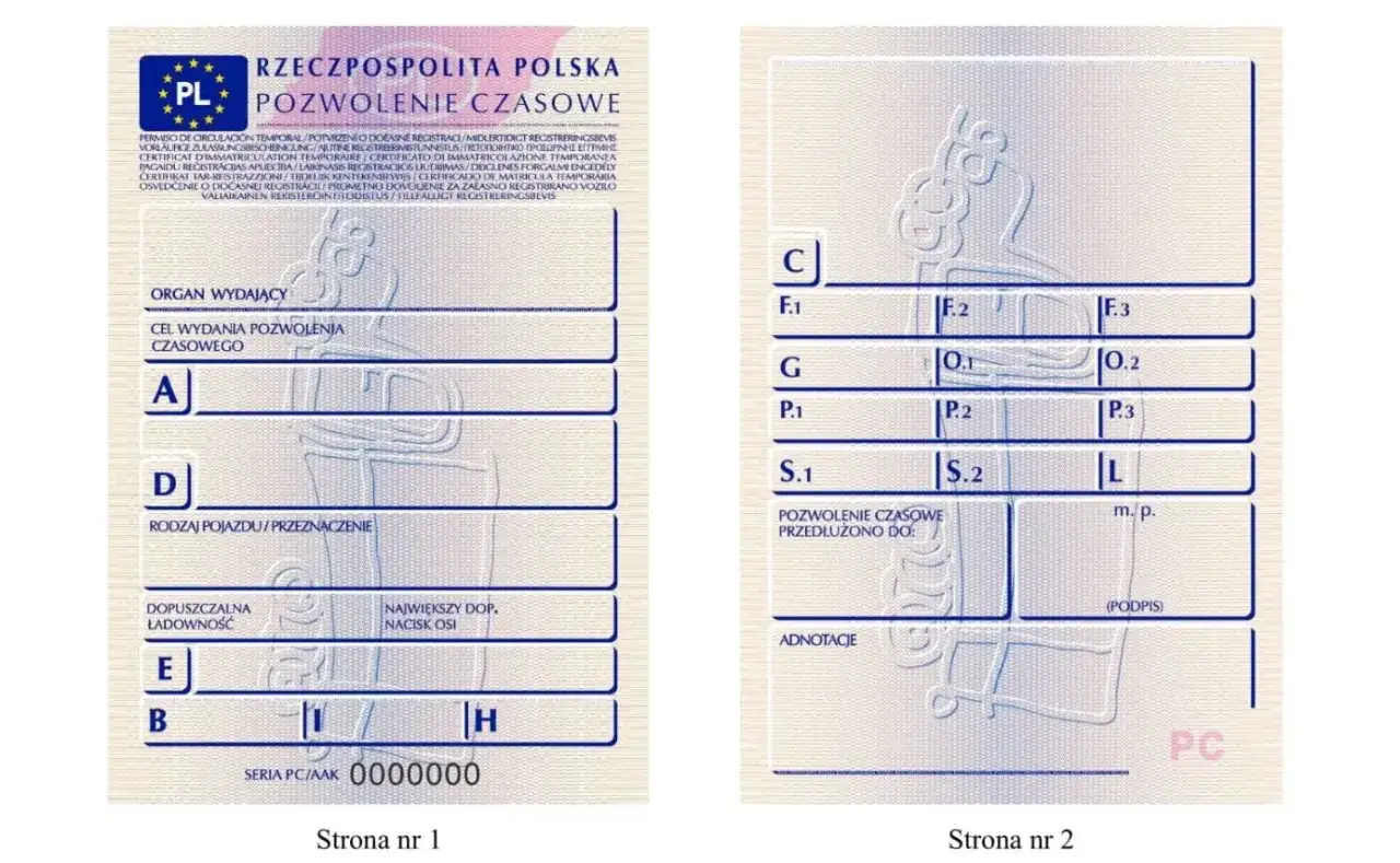 Dowód rejestracyjny z oznaczeniami: dane pojazdu, organ wydający, cel wydania, rodzaj pojazdu, dopuszczalna ładowność, nacisk osi, przedłużenie pozwolenia czasowego.