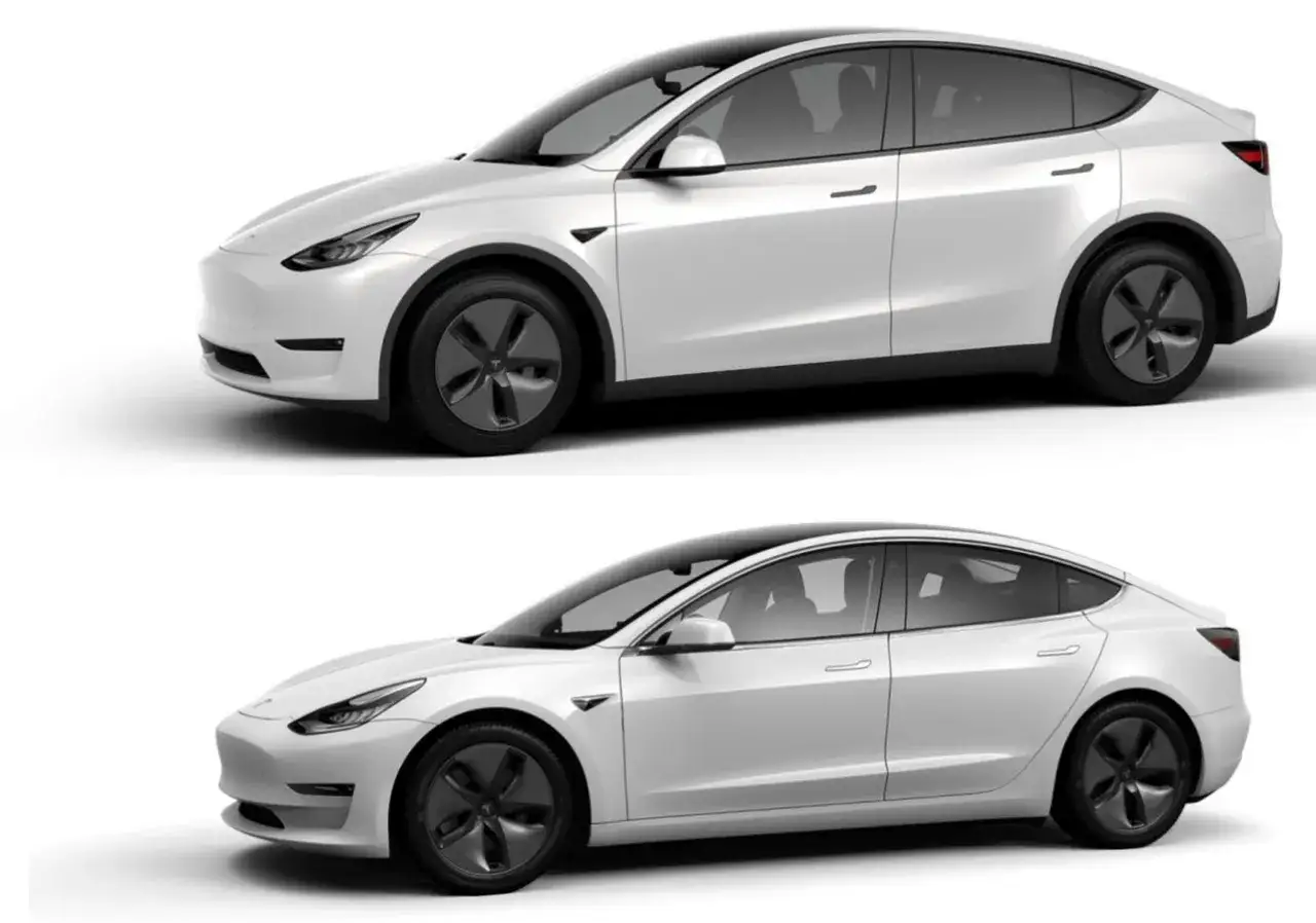 Dwa białe modele Tesla: SUV Model Y i sedan Model 3, prezentowane z boku.