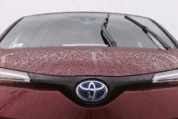 Czerwona Toyota z kroplami deszczu na masce i logo. Czy toyota ma ocynkowane blachy? Ta z pewnością jest dobrze zabezpieczona.
